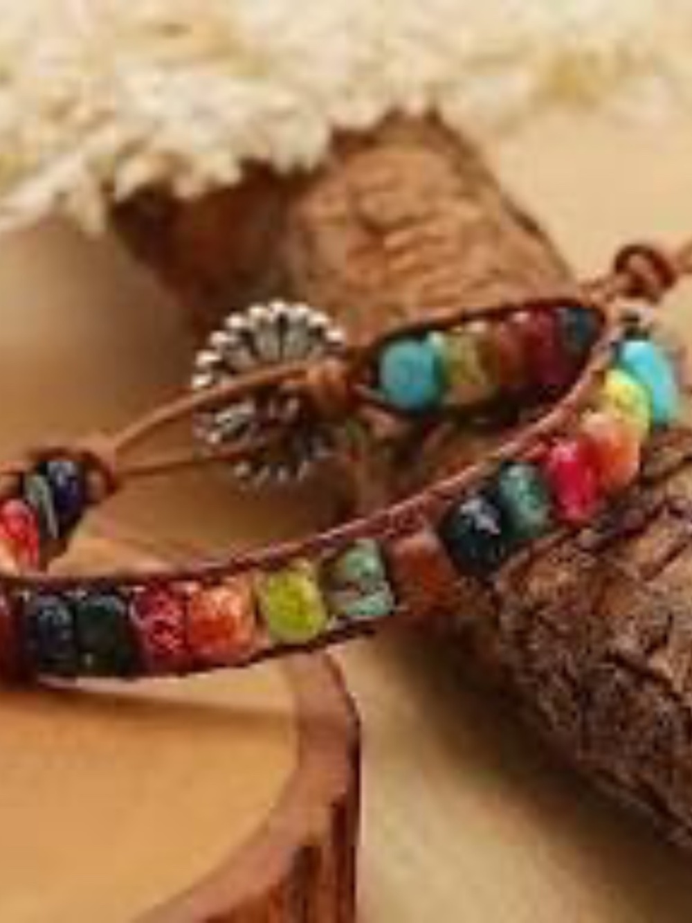 ARTISAN NATURAL STONE 7 CHAKRAS MULTICOLOR BEADED WRAP BRACELET NIP